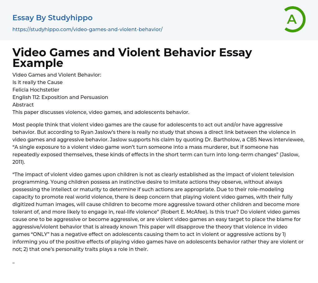 Video Games and Violent Behavior Essay Example