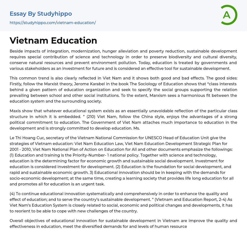 Vietnam Education Essay Example