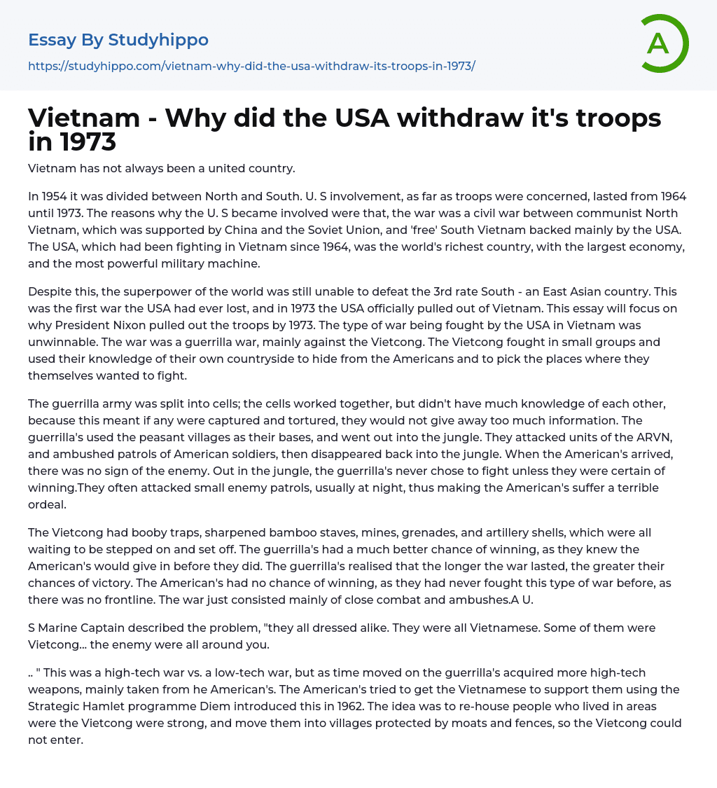 Vietnam – Why did the USA withdraw it’s troops in 1973 Essay Example