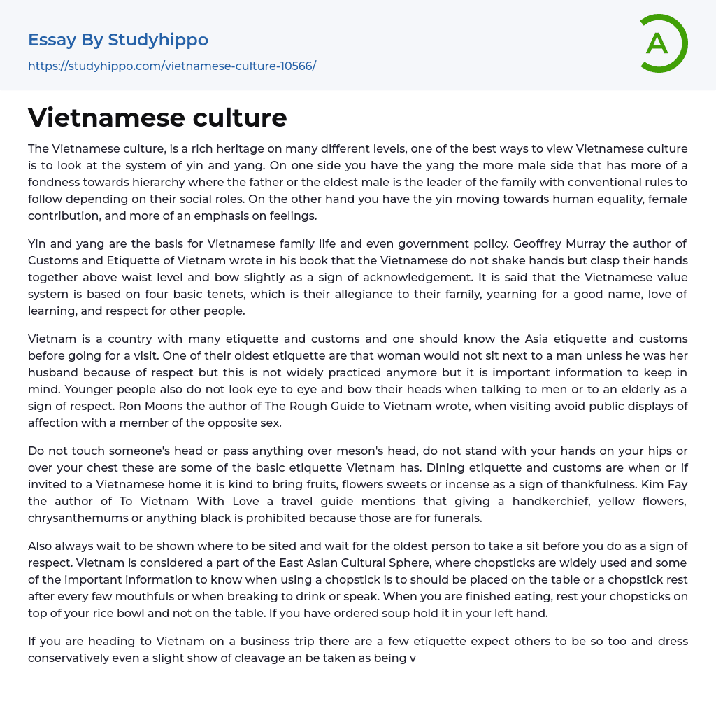 Vietnamese culture Essay Example