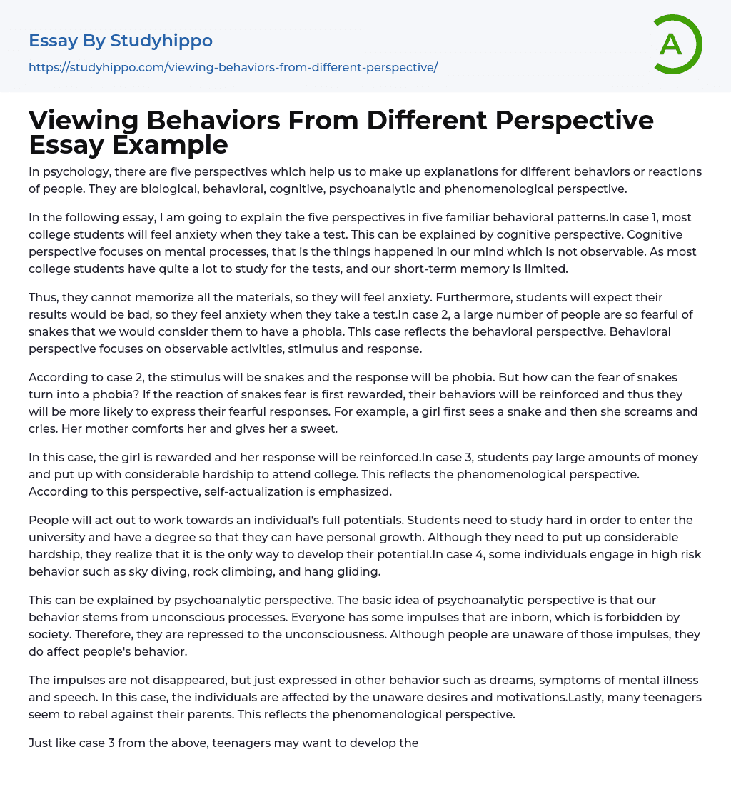 Viewing Behaviors From Different Perspective Essay Example