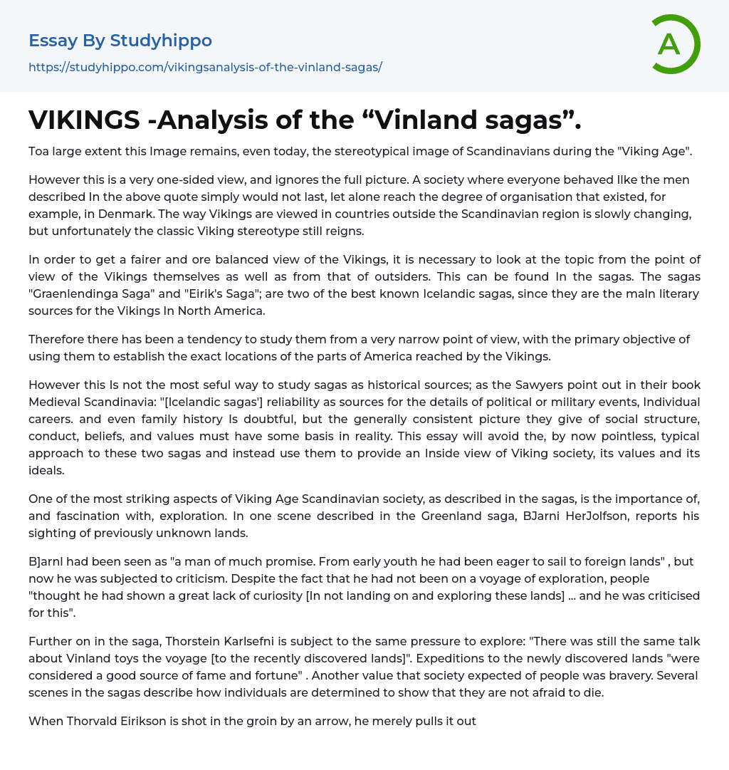 VIKINGS -Analysis of the “Vinland sagas”. Essay Example