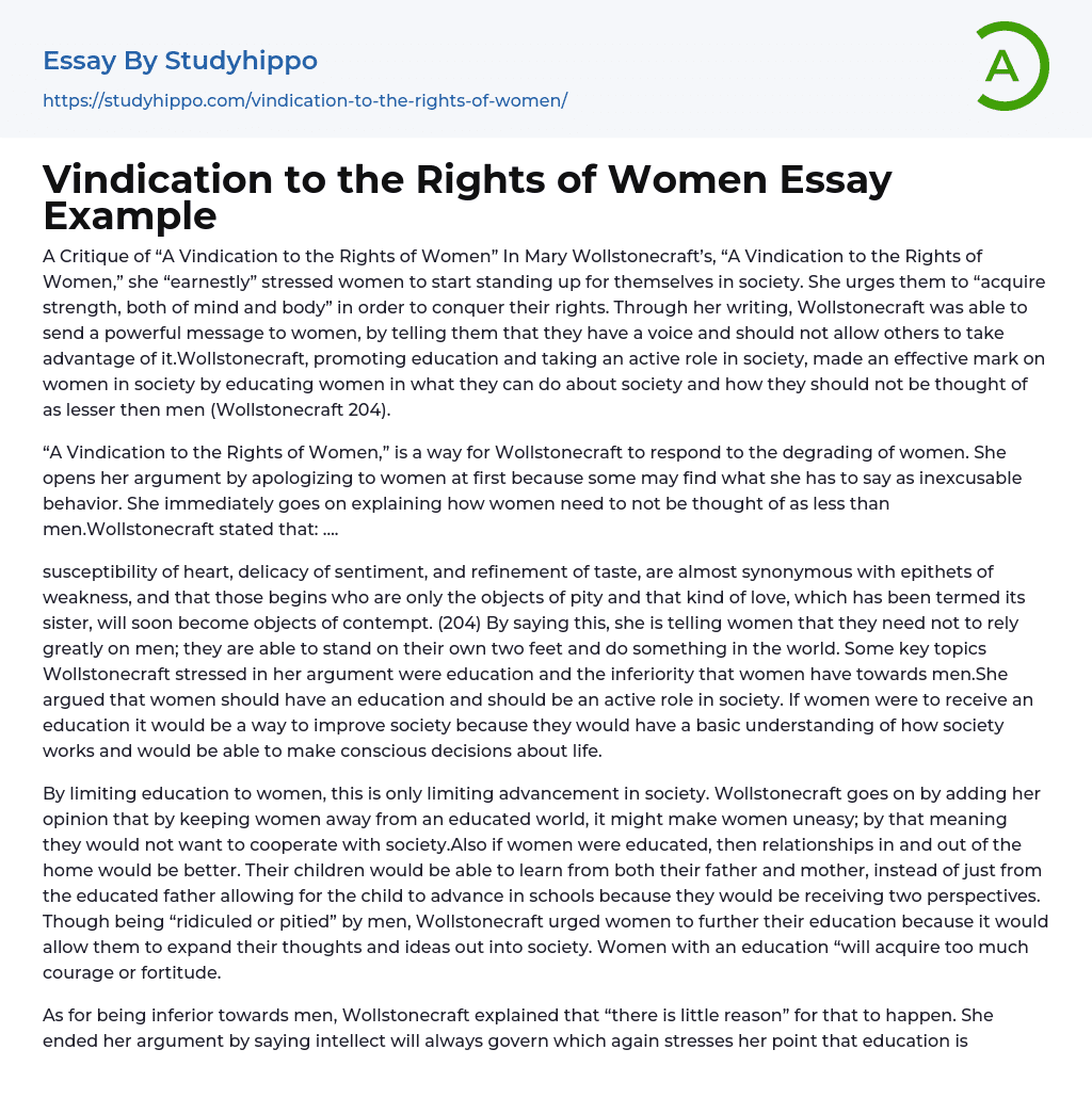 Vindication to the Rights of Women Essay Example