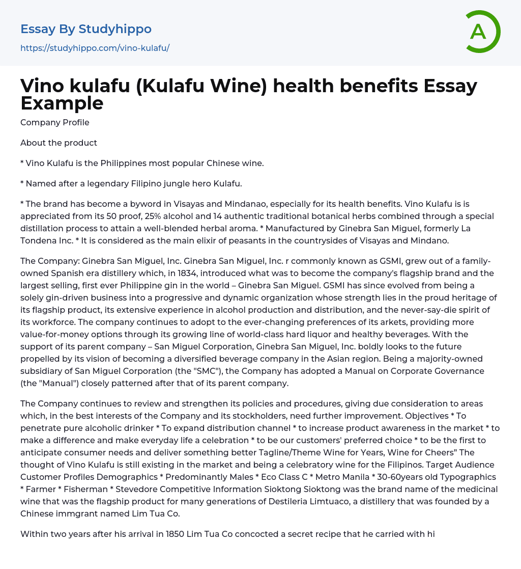 Vino Kulafu (Kulafu Wine) Health Benefits Essay Example