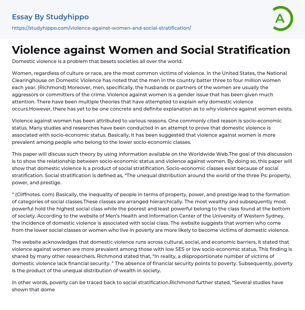 Violence against Women and Social Stratification Essay Example