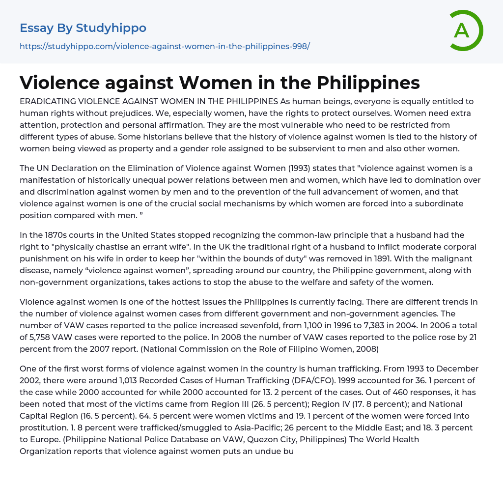 Violence against Women in the Philippines Essay Example