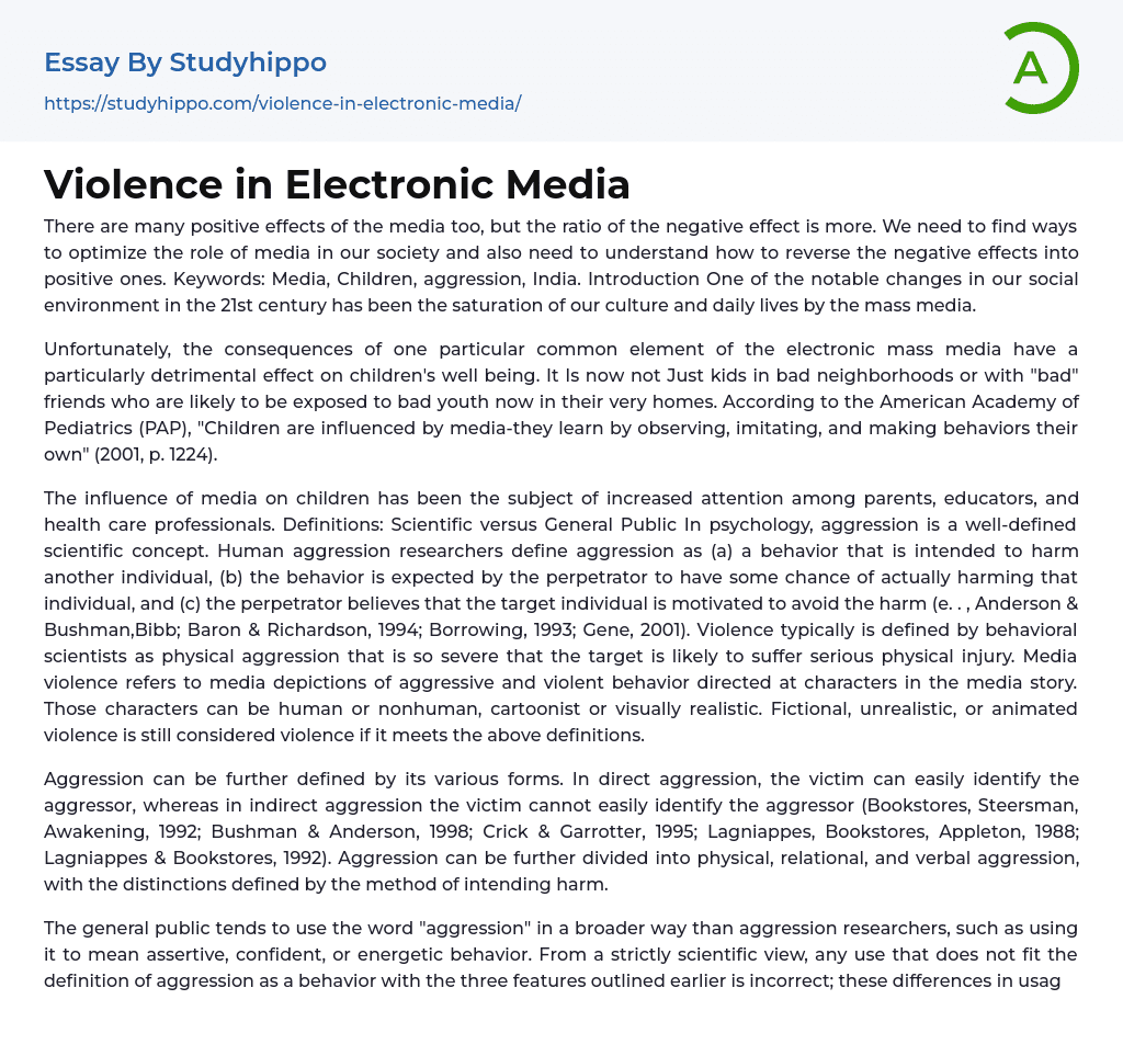 Violence in Electronic Media Essay Example