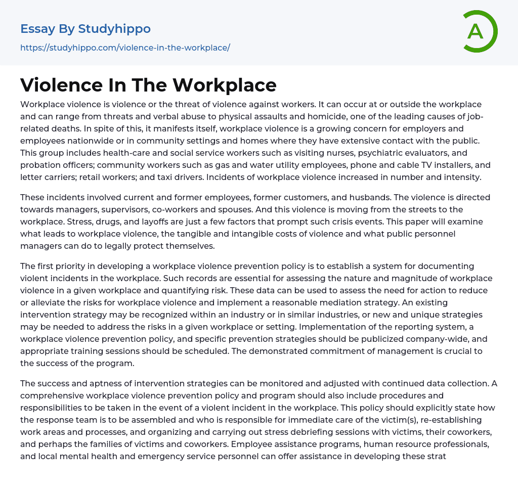 Violence In The Workplace Essay Example