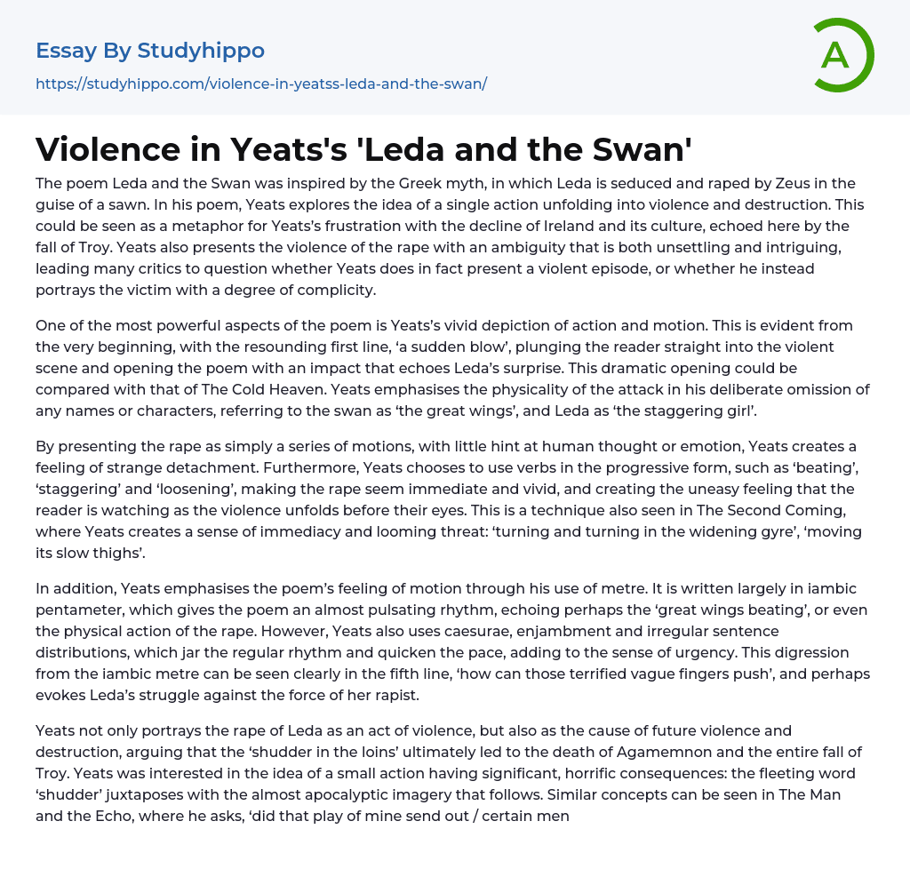 Violence in Yeats’s ‘Leda and the Swan’ Essay Example