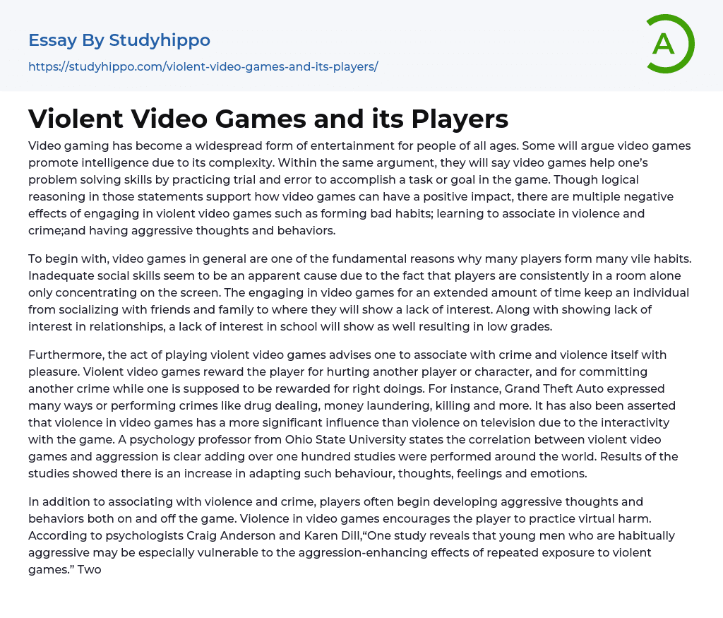 Violent Video Games and its Players Essay Example