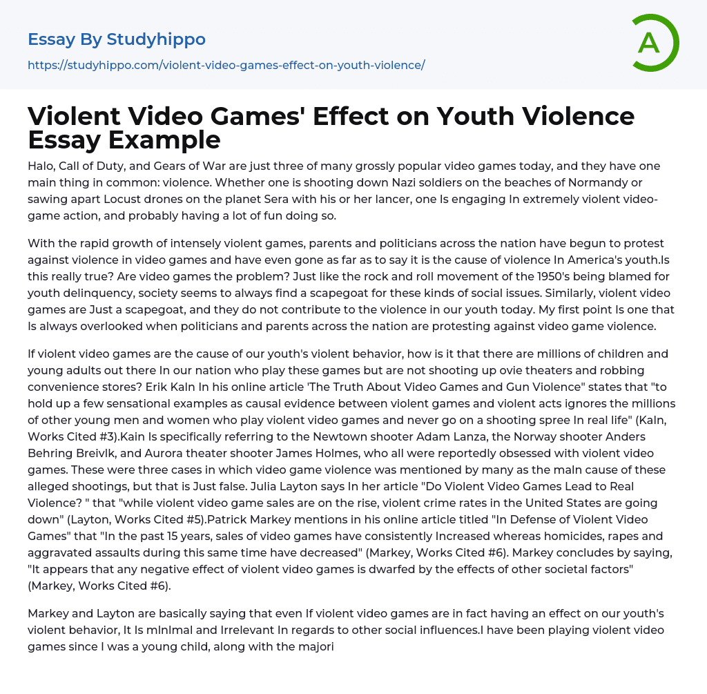 Violent Video Games’ Effect on Youth Violence Essay Example