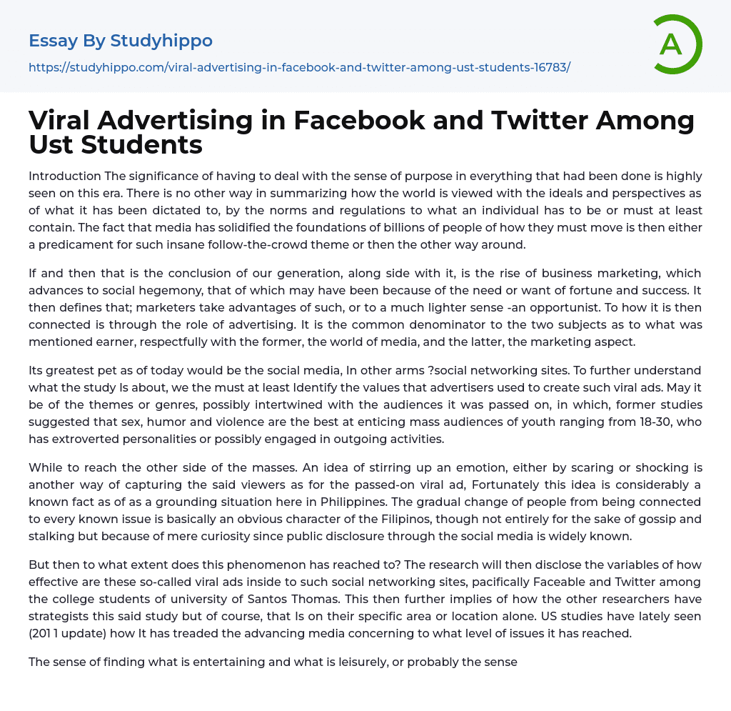 Viral Advertising in Facebook and Twitter Among Ust Students Essay Example