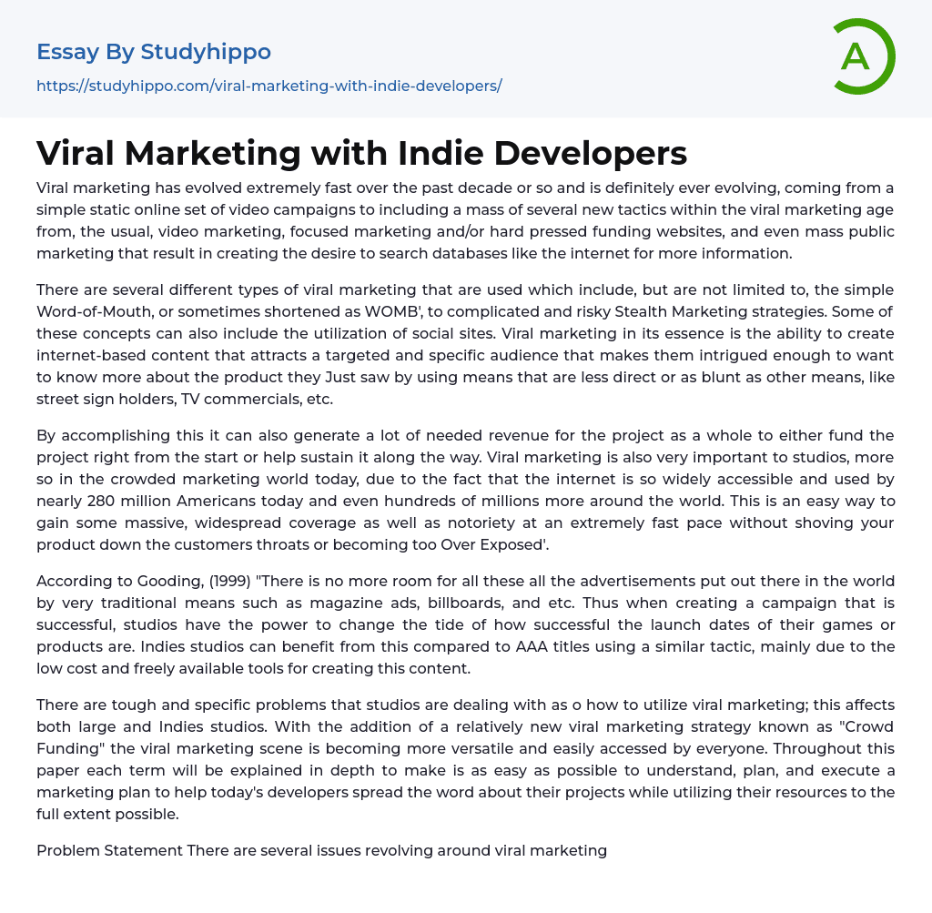 Viral Marketing with Indie Developers Essay Example
