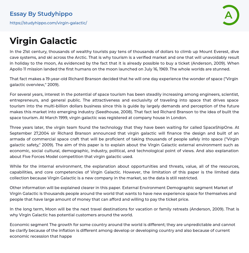 Virgin Galactic Essay Example