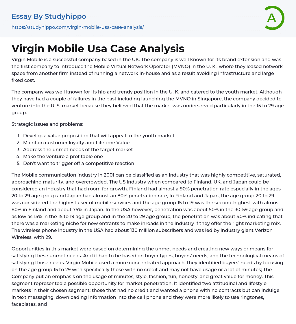 Virgin Mobile Usa Case Analysis Essay Example