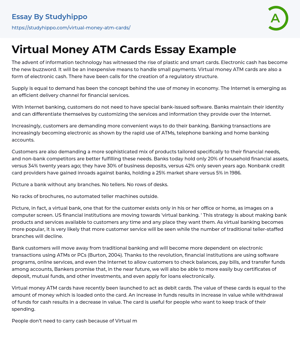 Virtual Money ATM Cards Essay Example