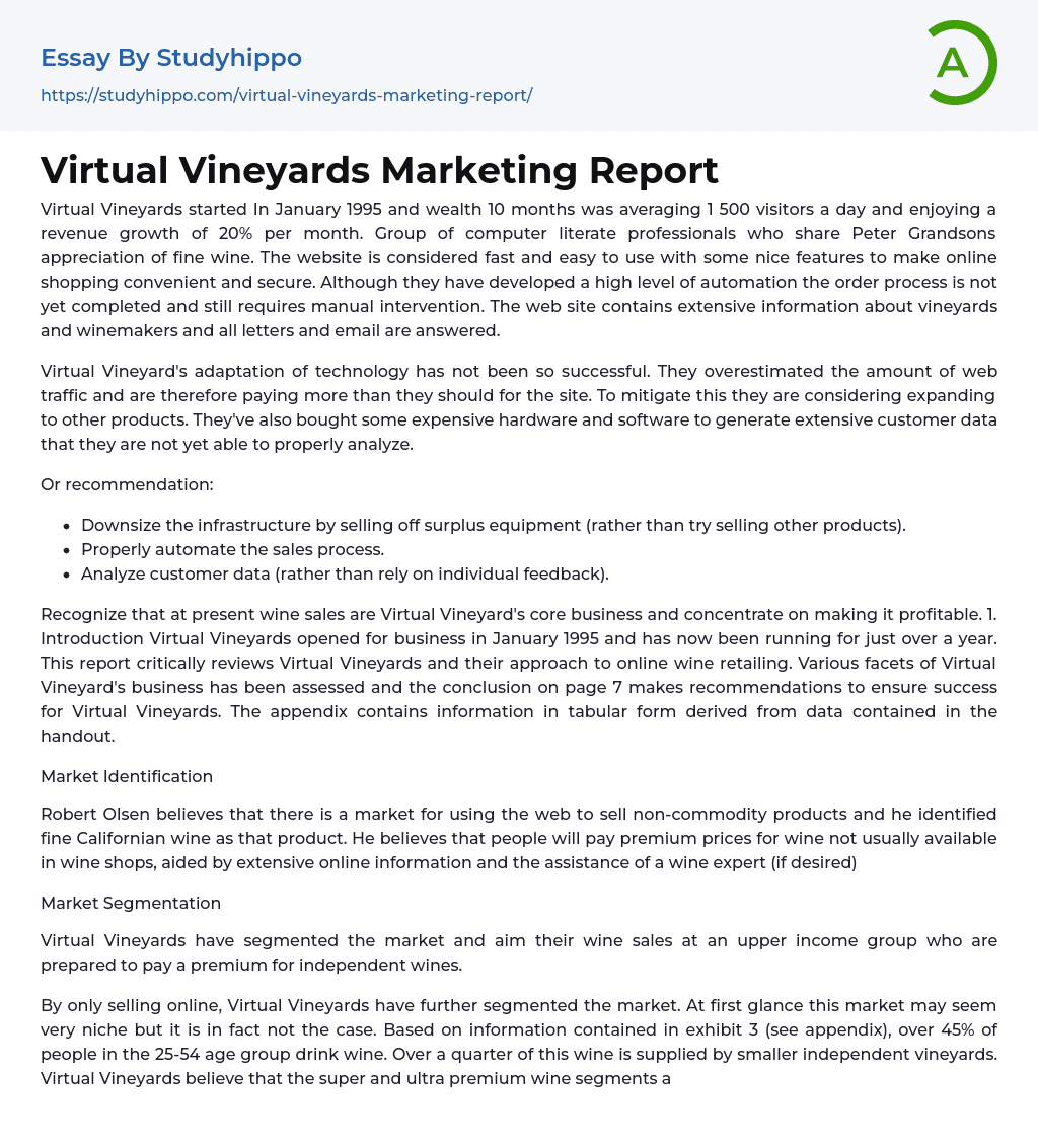 Virtual Vineyards Marketing Report Essay Example