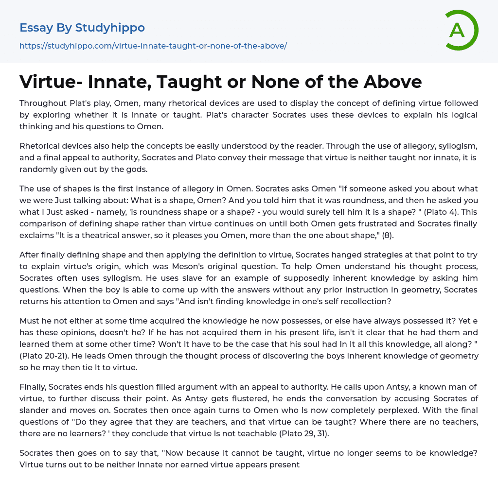 Virtue- Innate, Taught or None of the Above Essay Example
