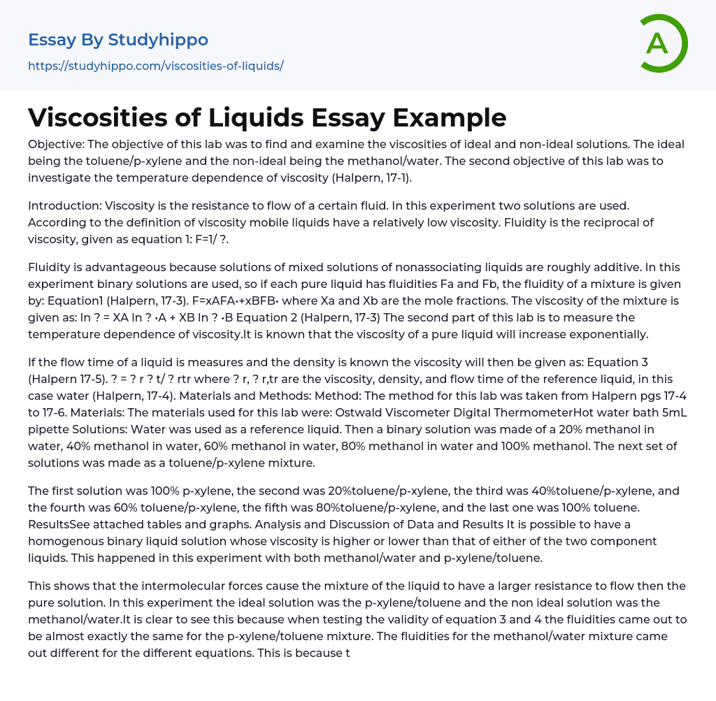 Viscosities of Liquids Essay Example