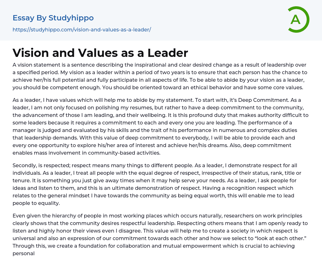 Vision and Values as a Leader Essay Example