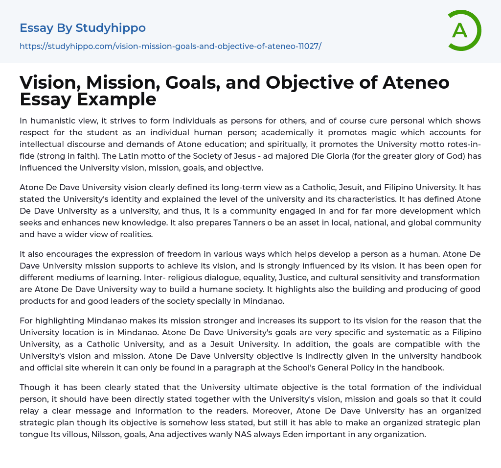 Vision, Mission, Goals, and Objective of Ateneo Essay Example