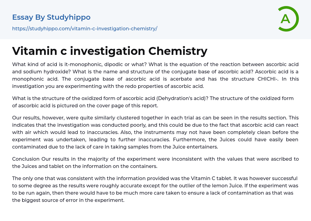 Vitamin c investigation Chemistry Essay Example