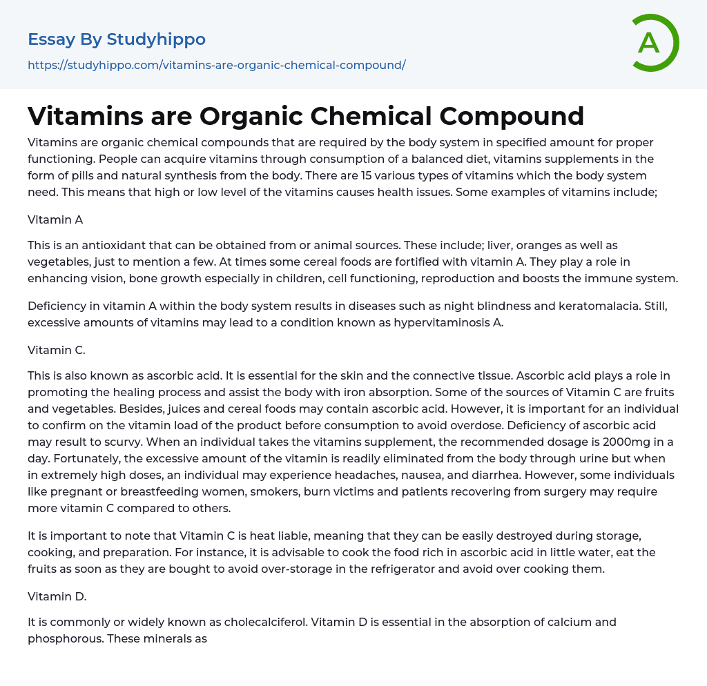 Vitamins are Organic Chemical Compound Essay Example