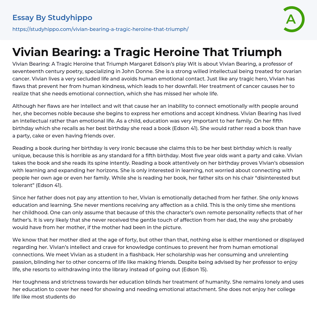 Vivian Bearing: a Tragic Heroine That Triumph Essay Example