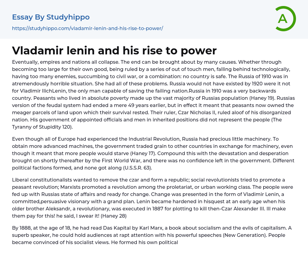 Vladamir lenin and his rise to power Essay Example