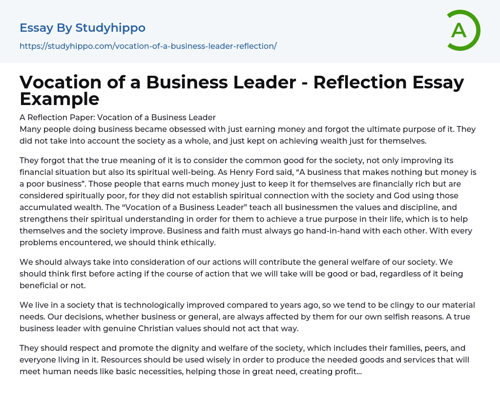 Vocation of a Business Leader – Reflection Essay Example