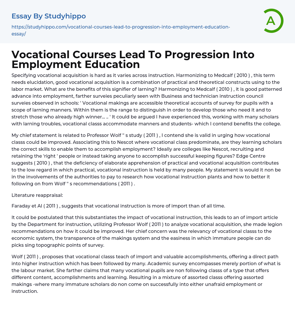 Vocational Courses Lead To Progression Into Employment Education Essay Example