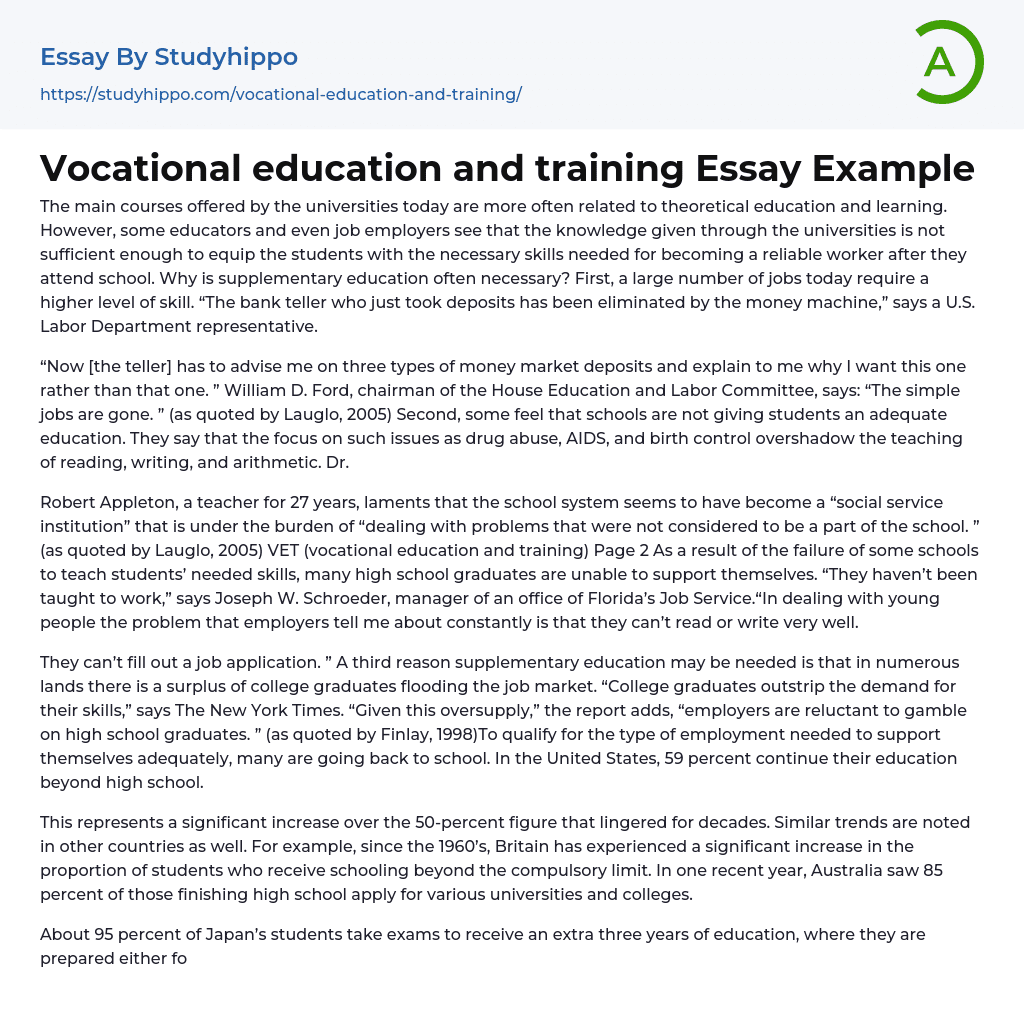 Vocational education and training Essay Example