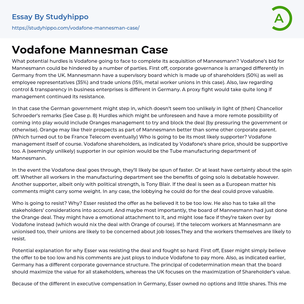 Vodafone Mannesman Case Essay Example