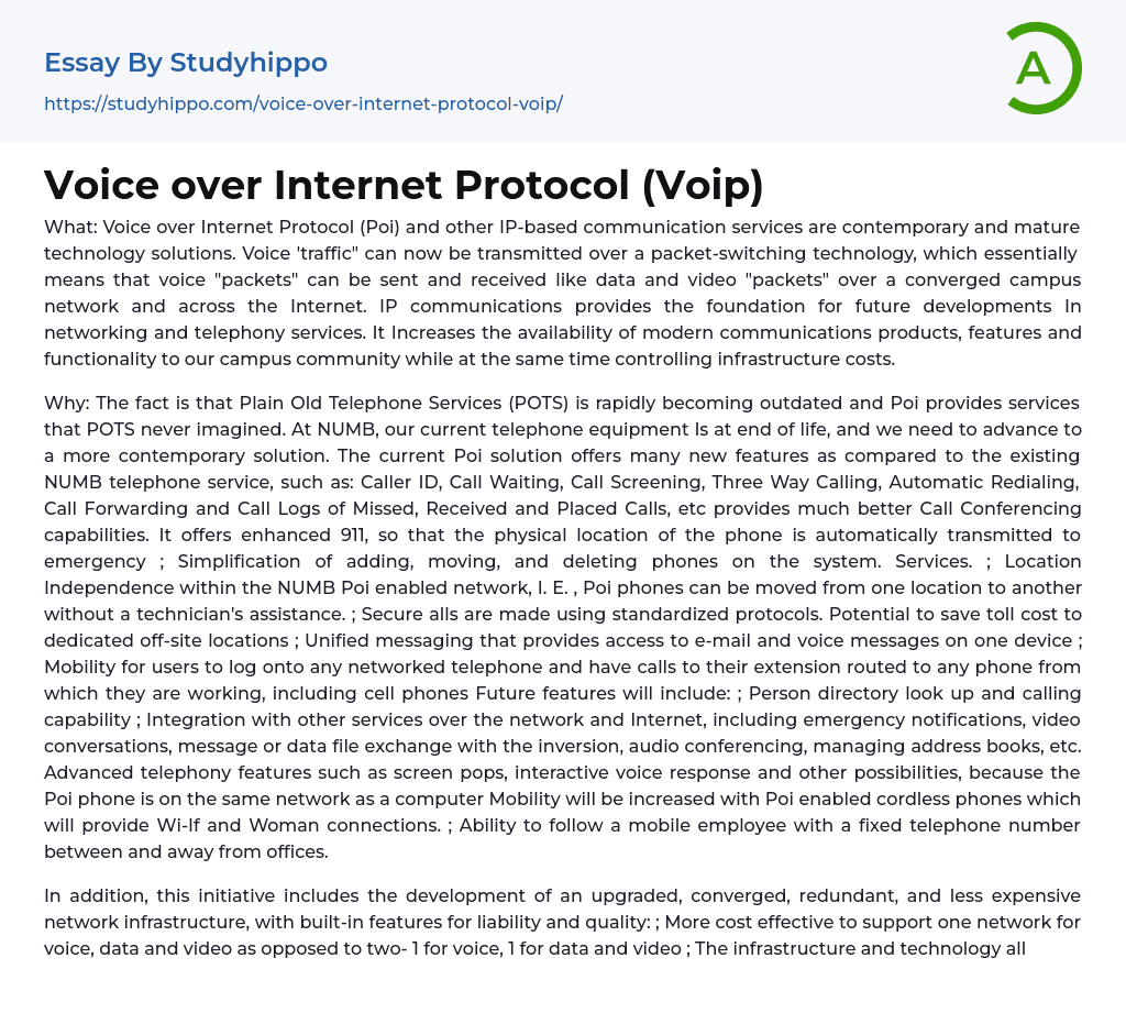 Voice over Internet Protocol (Voip) Essay Example