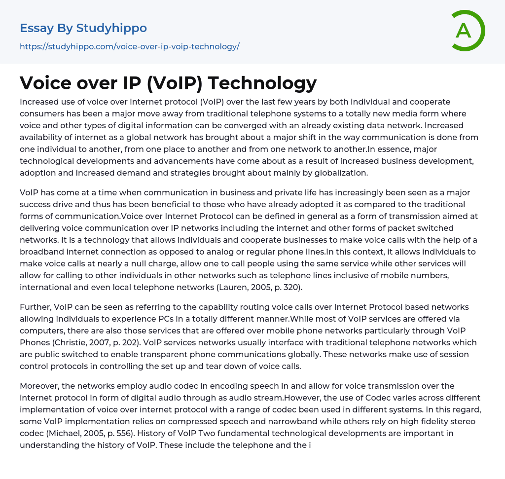 Voice over IP (VoIP) Technology Essay Example