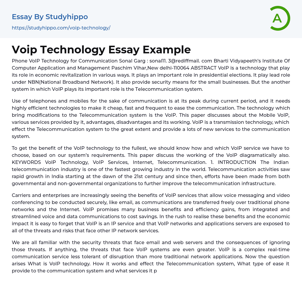 Voip Technology Essay Example