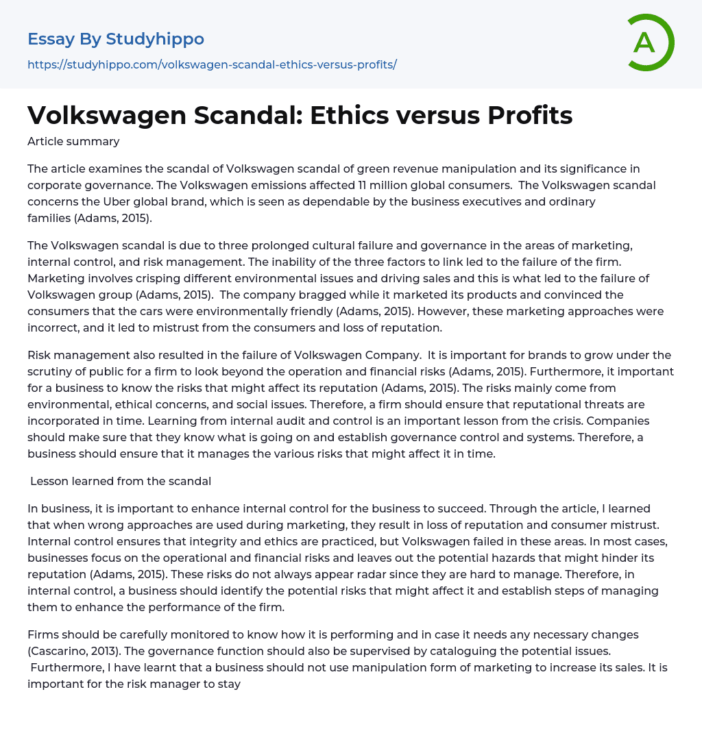 Volkswagen Scandal: Ethics versus Profits Essay Example