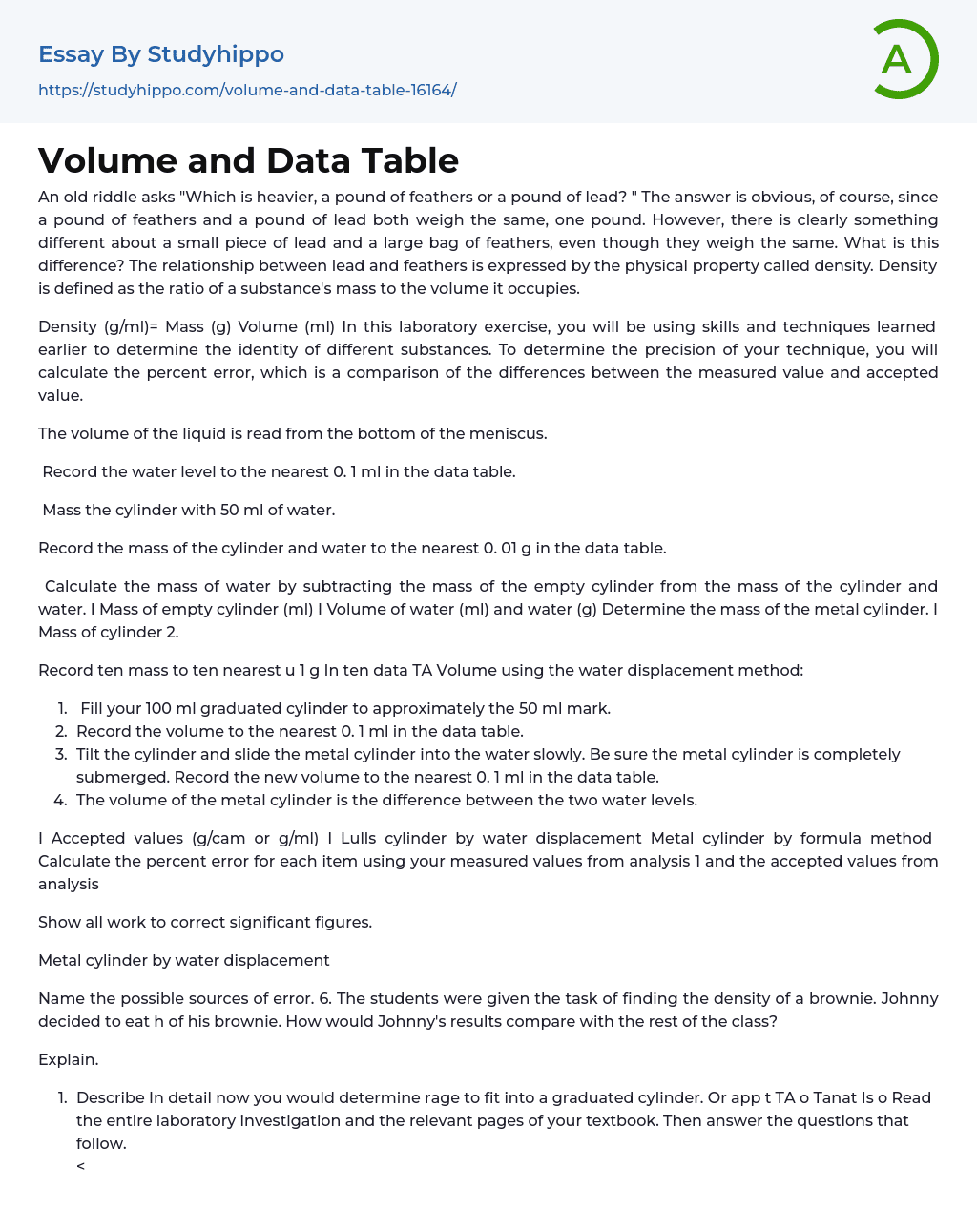 Volume and Data Table Essay Example