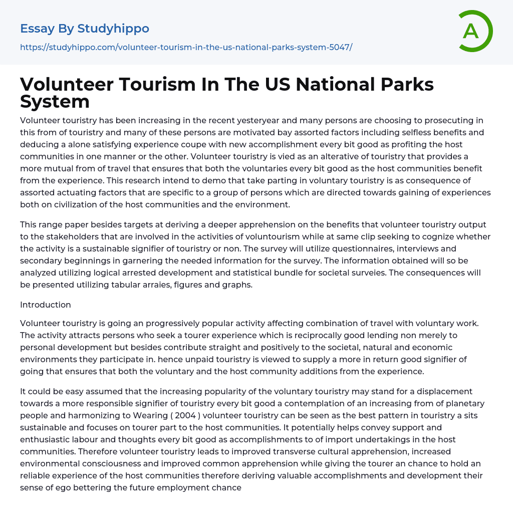 Volunteer Tourism In The US National Parks System Essay Example