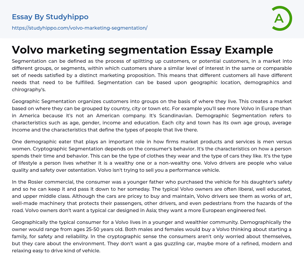 Volvo marketing segmentation Essay Example