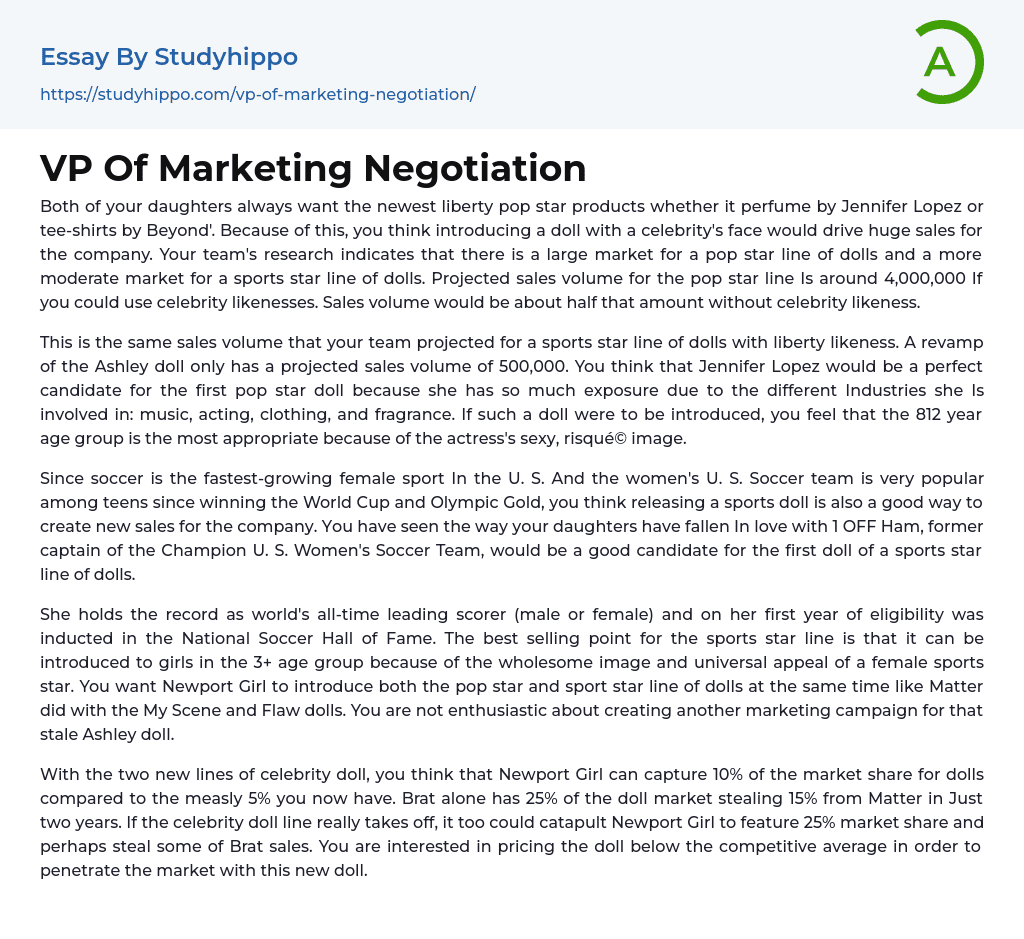 VP Of Marketing Negotiation Essay Example