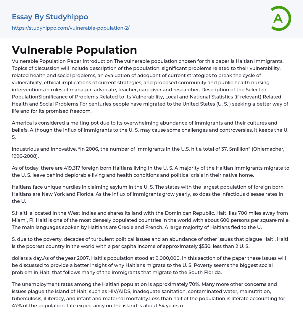 Vulnerable Population Essay Example