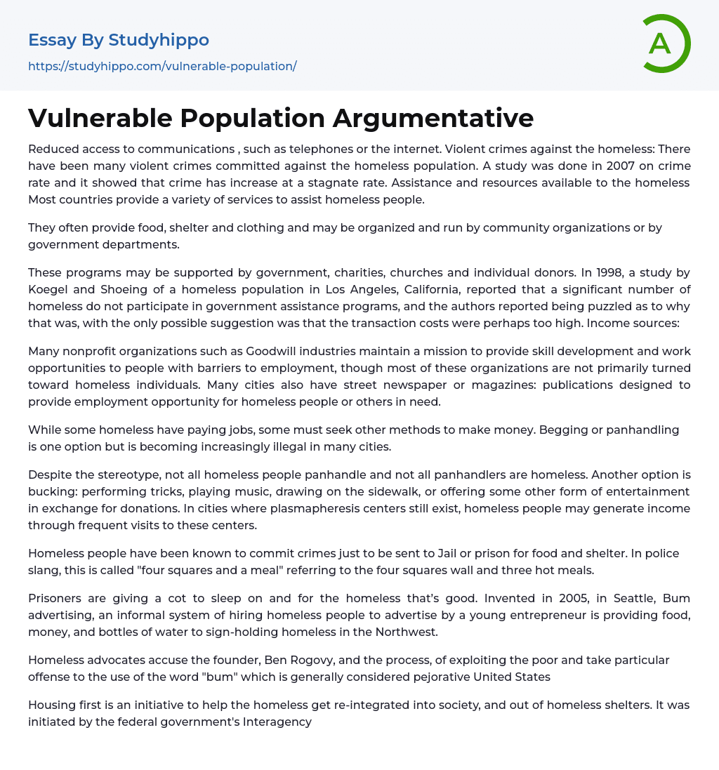 Vulnerable Population Argumentative Essay Example