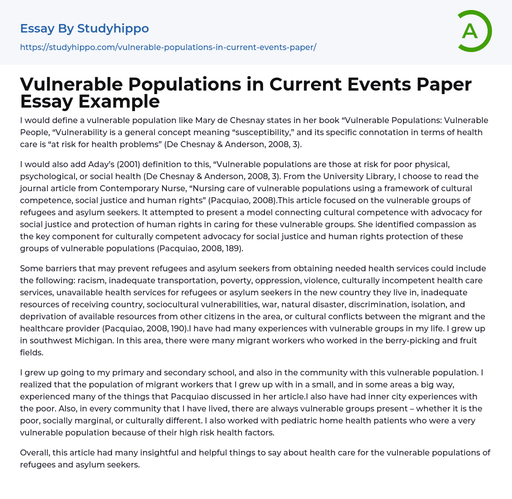 Vulnerable Populations in Current Events Paper Essay Example