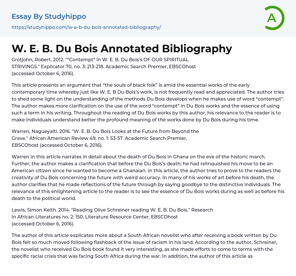 Contempt in W. E. B. Du Bois’s of Our Spiritual Essay Example