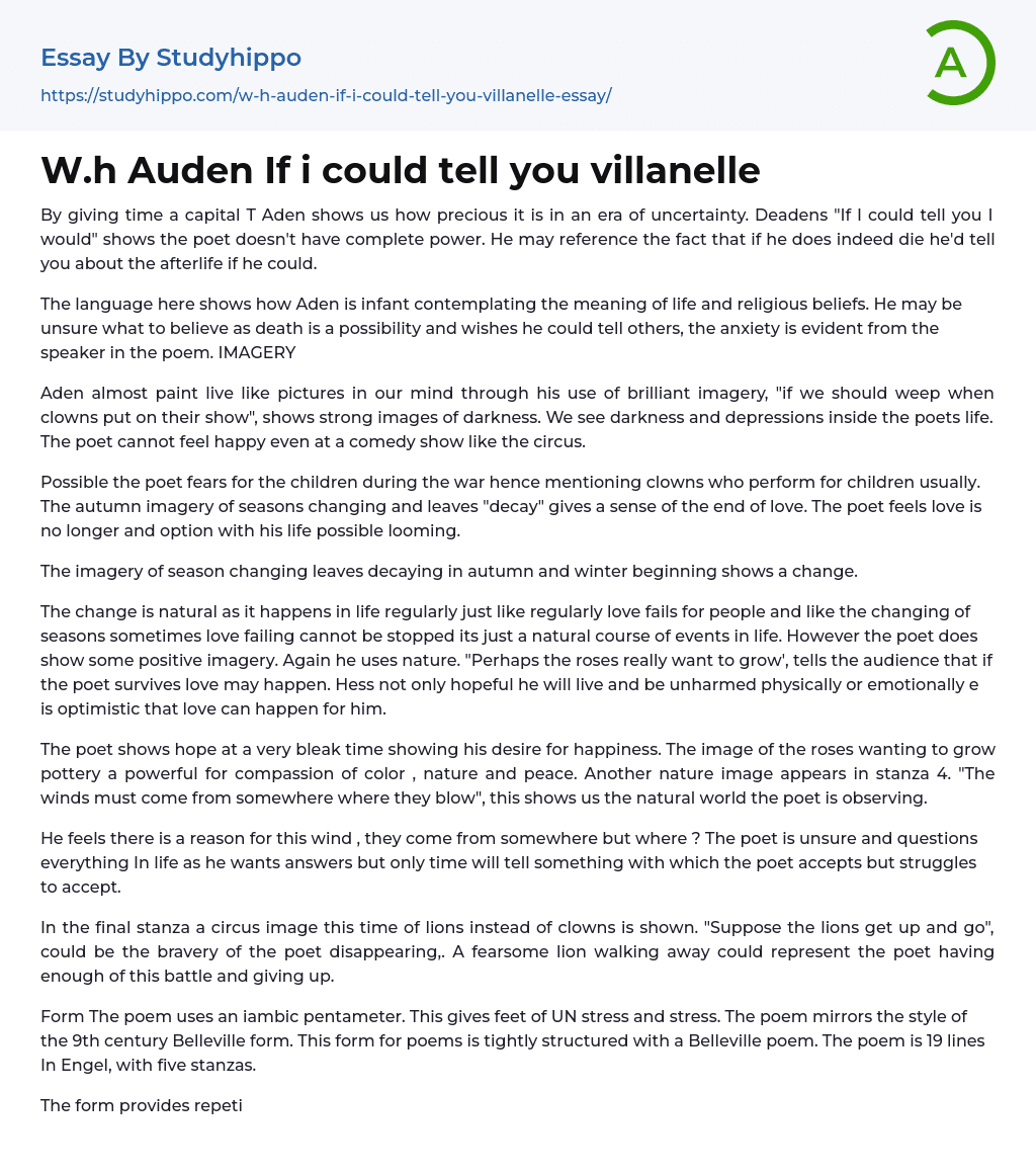 W.h Auden If i could tell you villanelle Essay Example