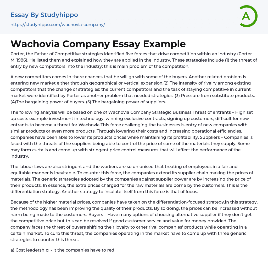 Wachovia Company Essay Example