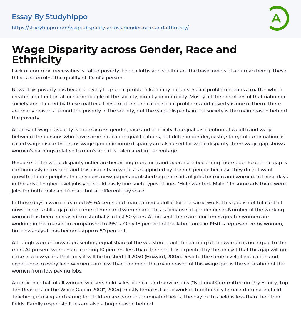 Wage Disparity across Gender, Race and Ethnicity Essay Example