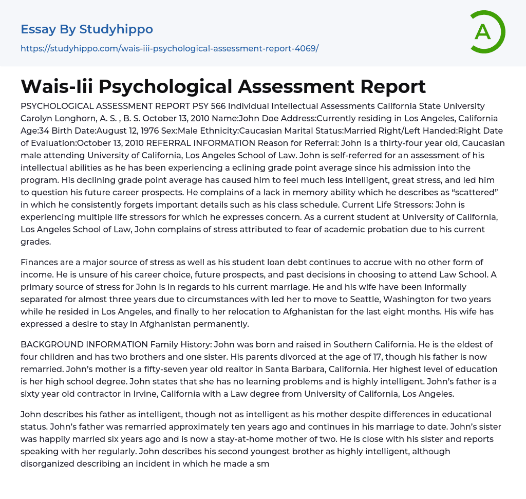 Wais-Iii Psychological Assessment Report Essay Example