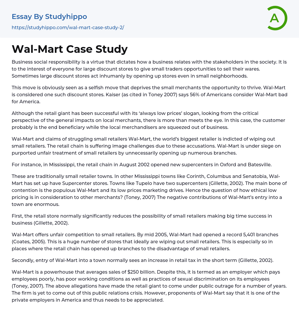 Wal-Mart Case Study Essay Example